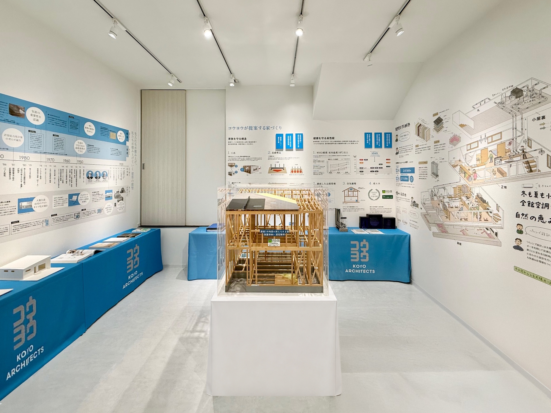 松山本店ショールームの展示室。耐震等級3認定を取得した構造の模型や、断熱・全館空調の解説パネルを実物で確認できる